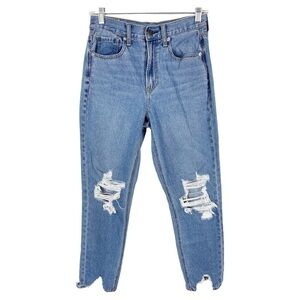 American Eagle Mom High Rise Distressed Frayed Hem Blue Denim Jeans 2